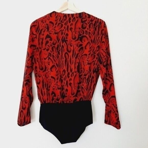 ZARA | Leopard Bodysuit Deep V-Neck Long Sleeve Red & Black Sz S - Picture 9 of 13